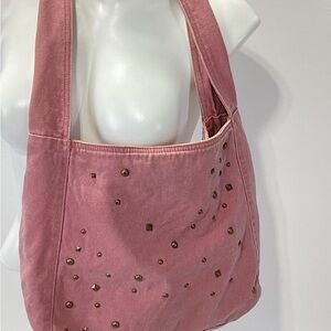 Old Navy Pink Studded Denim Slouch Bag Purse With Mushroom Lined Fabric